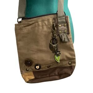 Chala Safari Double Pocket Owl Brown Canvas Patch Crossbody Purse Messenger Bag